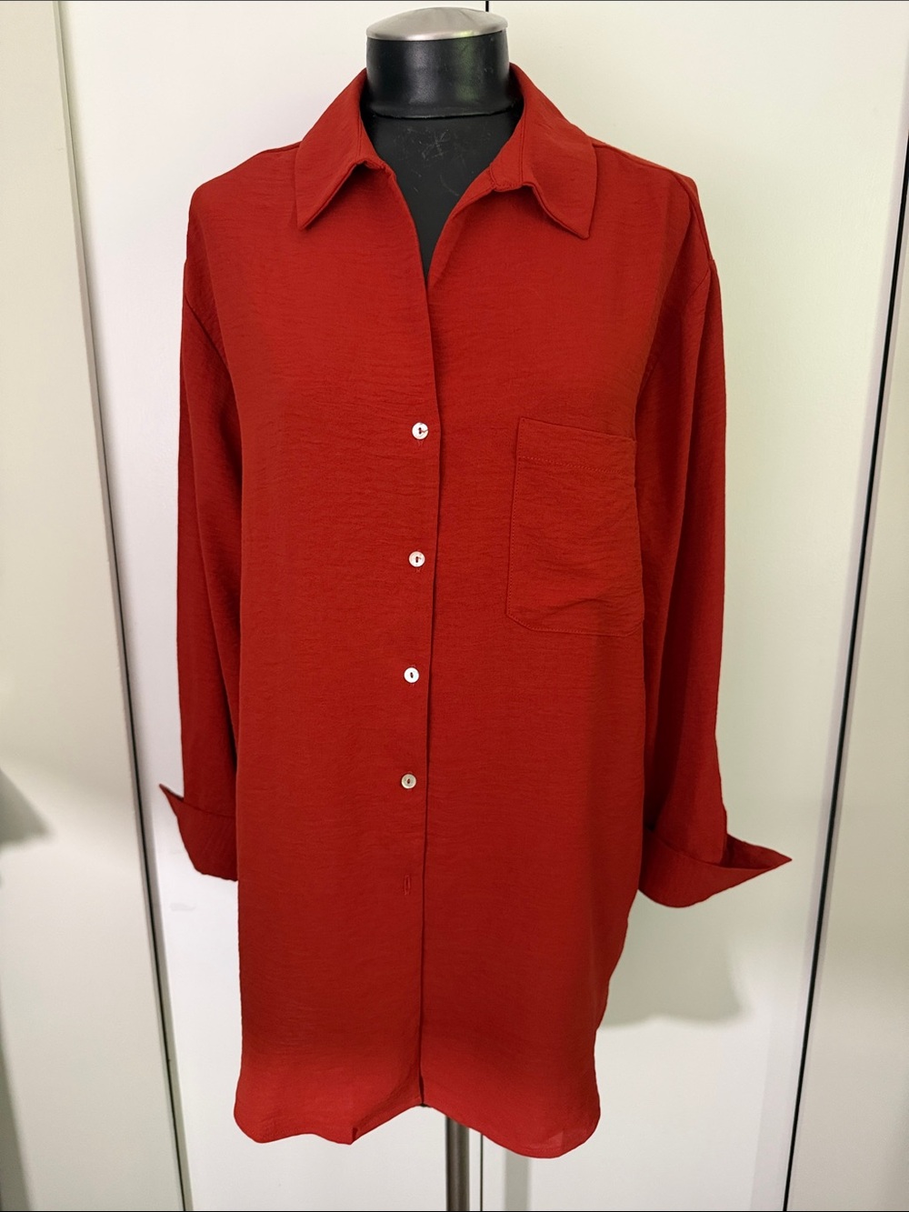 Relaxed Red Button-Down Shirt with Chest Pocket